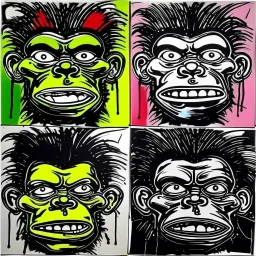 4 angry monkey faces, by Jean-Michel Basquiat and Andy Warhol, acrylic painting