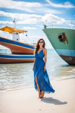 young lady wearing beautiful maxi blue dress standing in beach posing to camera ,ships in sea ,blue sky nice clouds