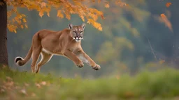 A mountain lion chasing a white tail deer, dynamic action, jumping, splashes of leaves, nature photography, raking light, blue lights in the background --ar 16:9 --style raw --v 6.0