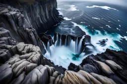 massive intimidating rock cliffs ascend all around. far below, the stormy ocean swirls intimidatingly. The ocean water falls off a waterfall down into unknown depths.