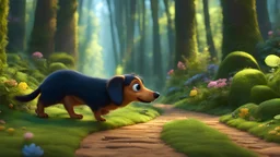 A masterful still of a 3d cartoon, an adorable very long and excited dachshund caterpillar hybrid inching its way along a magical forest path, uhd, 8k, intense lighting, award winning masterpiece, extremely detailed, detailed background, cinematic, complex and multidimensional lighting