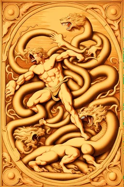 Hercules fighting the hydra in the style of alchemical art