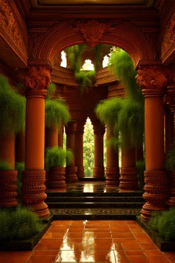 overgrown Hindu Temple atrium, nature, ancient black marble columns and terracotta tile floors, intricate wall carvings, waterfall, ultra-high quality, octane render, corona render, UHD, 64k, sharp details