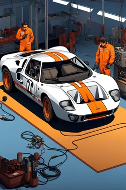 Ford GT40, in racing pit with hydraulic jack, one male middle age mecanics still check the engine, vector art, isometric, highly detailed clean,