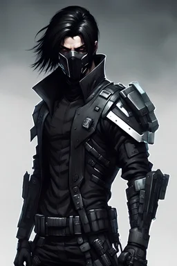 cyberpunk assassin white male. Black hair and and black stealth armor as well as a mask. less metal.