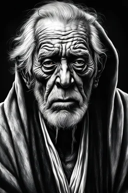 ugly old man, in a robe, prophet of god, Chiaroscuro ,hyper realism, realistic, highly detailed, high contrast , sharp, black and white.
