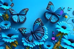 flowers altos detalles, blue background, 3d butterfly sobrepuesta ((butterfly color)) 4K high details , full body --auto --s2, good details, funny