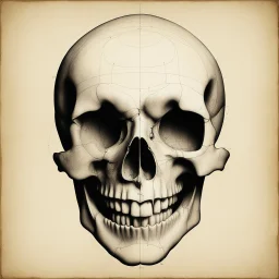 ANATOMICALLY CORRECT digital photograph of the SKULL OF A SMILEY FACE by davinci with fine line,