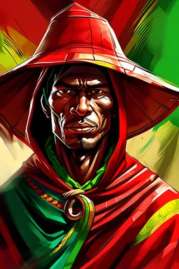 Digital art, high quality, digital masterpiece, natural illumination, Colorful, Comicbook style, epic film style, (upper body:1), (1 Peruvian man dressed with a poncho and a chullo:3), (Red and Black poncho:1.5), (White sombrero on the Chullo:1.8), (looking up with his fist up: 3)