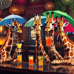 very Gay Giraffes standing in a bar drinking drinks with umbrellas, pride, makeup,
