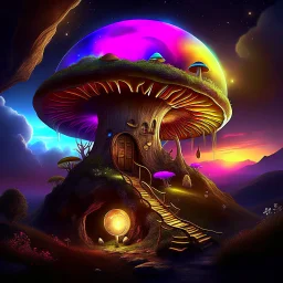 A unusually pretentious rainbow glowing, (((mushroom cottage))) erected atop a (grassy cliff), surrounded with imaginative (((spiraling space))), contrasted by the stark hues of a (nebulous space scape), . captured by the hand a skilled master painter with a focus on (softly textured compositions and voluminous lighting).