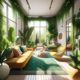 A trendy Bohemian terrace in Australia, showcased on Interfacelift. The precise architectural rendering captures the essence of this space, with a tall ceiling and a mix of modern and bohemian elements. The atmosphere is filled with millennial vibes, featuring a lush jungle of plants and candles. The color palette exudes subtle vibrancy, reminiscent of Miami at the golden hour. A touch of green is added with the use of fake grass, creating a cozy environment inspired by May de Montravel Edwardes