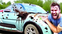 guy upset next to filthy car with dead bugs splattered on it