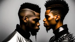 two Afro-American males facing each other in profile, confrontational stance, high-contrast black and white, deep shadows, bright rim lighting, dark studio background, punk spiked mohawk hairstyles, metallic reflective jackets, skin highlights, intricate chrome ear frames and jawline exoskeleton jewelry, biomechanical ear cuffs, sculptural contours, sharp silhouettes, cinematic low-key photography, cyberpunk aesthetic, symbolic duality, tension, dramatic