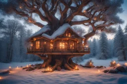 a huge tree in the middle of cold tundra wilderness, a warm and cozy treehouse on the tree, firelights, ornaments, christmas vibes, beautiful, comfy palace, home