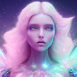 one big crystal glitter pink blue subtle galactic fairy in a galactic ambiance,glitter bikini, long blond hair down to the ground,transparent petals,blue eyes,delicate colors in the foreground, full of details, smooth，soft pink violet light atmosphere, light effect，vaporwave colorful, concept art, smooth, extremely sharp detail, finely tuned detail, ultra high definition, 8 k, unreal engine 5, ultra sharp focus