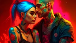 color background, love, woman, man hooligan punk, tattoo, high resolution, Artstation trends, fine details, 8K