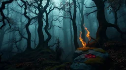 a crepy horror forest with shadows of the tall trees, tangled vegetation, twisting terrifying tendrils on earth and on trees, , autumn, moss, lot of firefly and mystic flame, fog, pale light, a grey rock with red blood, , masterpiece, dark fantasy concept art, intricately detailed, Splash screen art, trending on Artstation, deep colors, dark mystic vibe Professional photography, bokeh, natural lighting, canon lens, shot on dslr 64 megapixels sharp focus