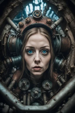 Closeup Girl with big blue eyes, fullbody, dieselpunk, valves rising from the ground, the perspective looking up from the bottom of an empty well , Underwater 8k, macro photography by <John Kenn Mortensen>, darkred tones,