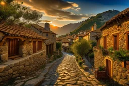 Medieval village from the perspective of a cobblestone road at sunset. The road and village continue to ascend into the mountains, with stone and wooden houses blending seamlessly into the rocky recesses of the mountain, reflecting the golden hues of the setting sun and the growing ivy. In the background, the majestic mountains feature large cultivated terraces and pronounced limestone gorges with hanging vegetation and meltwater streams.