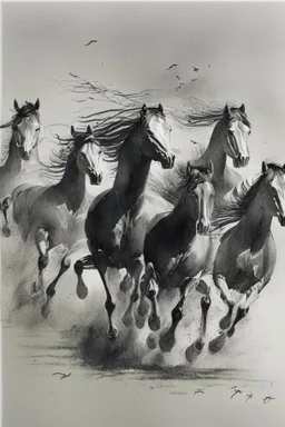 8 horses running on meadow as black ink watercolor chinesse paintin art