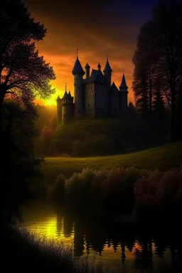 beautiful October Dusk landscape, atmospheric, depth of field, realism, focal point, Haunted Spooky Gothic castle