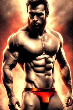 Ignore NSFW, teenager young rugged attractive slightly muscular fantastic handsome man, red briefs with yellow belt, hairy chest, (((visibly pisssing))) briefs, large erect visible boner peniss, photorealistic, artist Jay Anacleto, soft lighting, scruffy beard