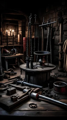 A photo showing medieval torture tools and a dark dungeon, illustrating the brutality of the persecution and torture of the Templars