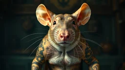 Very realistic hyper-detailed atmospheric atmospheric professional photograph of a bald diametrical Rat with Yakuza tattoos and a head-to-toe Loius Vuitton monogram logo vertically looking into the camera, shot by Steven Meisel. The atmosphere is surreal and fantastical, reminiscent of Hieronymus Bosch's style, with a touch of grim academicism. Sharp focus, intricate detail, high contrast and the texture of 60mm film shot in the style of a Hasselblad camera. The scene is filled with Renaissance