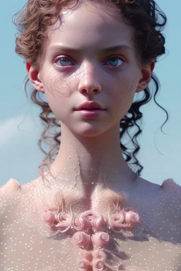 April, Summer Fashion, full body,smooth soft skin, curly hair, detailed eyes, detailed face, looking into camera, intricate, summer outfit, pink, back lighting, realistic concept art, digital painting, rich 3d render, hyper-realistic painting, cinema 4D render, art by WLOP, by Agnes Cecile, Michael Whelan