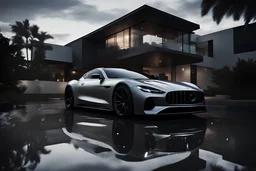 REALISTIC CINEMATIC SHOT /imagine modern sleek boxy compound with a SILVER sport car in front of a white modern house on the water. The sky is dark and stormy IS NIGHT 1/60 sec, ISO 400. v 5.1, silk red hood , dynamic light and shadow, mid-angle , intricate details, very detailed scene with detailed, UHD ,perfect composition, beautiful detailed intricate image , insanely detailed 32k