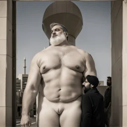 a Persian gay big man in a modern street in Tehran with towers.