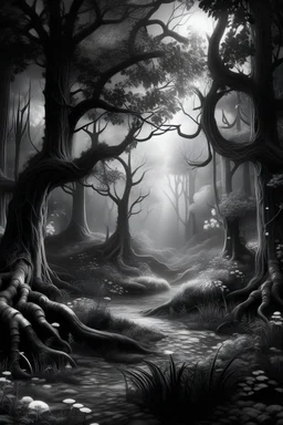magical trees in forest black and white fairy magic