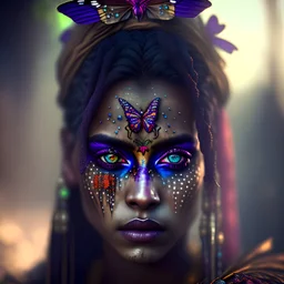 butterfly slumlord gypsie, A portrait of a woman, insane facial make-up detail, ambient detail unfocused, depth of field, dirty make-up, crystalized complimentary colors, queen, atmospheric, realistic, unreal engine, lighting, octane render, proprotional, national geographic haze