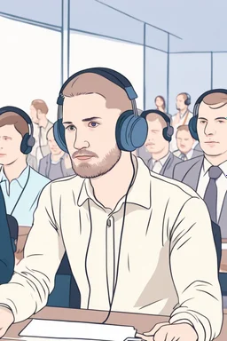 A simultaneous translator of Slavic appearance is sitting at a table with headphones with a microphone at a briefing, in a large hall, there are a lot of translators around, the background is blurred, everything is in pastel light colors