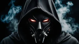 Close up view on dark hooded cyberpunk mask, black background, evil, smoke