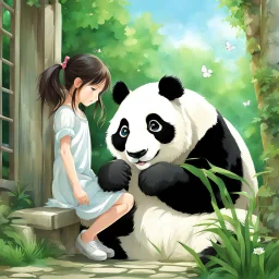 very beautiful realistic anime10 years old girl playing with a panda