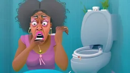 baffled black lady with cellphone using the toilet