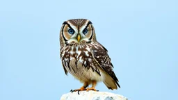 an owl perched on a white rock. The owl is facing towards the right side is turned slightly to the left. It has large, round, blue eyes that are piercing and appear to be looking directly at the viewer. Its body is covered in intricate patterns and feathers, giving it a realistic appearance. The background is a light blue color, making the owl stand out even more. The rock it is perched on is also white and appears to be made of snow or ice. The overall mood is peaceful and serene.