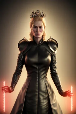 Cersei Lannister as evil queen in black leather coat, busty, cleavage, voluptuous, lena headay, angry, stern look. character design by cory loftis, fenghua zhong, ryohei hase, ismail inceoglu and ruan jia. unreal engine 5, artistic lighting, highly detailed, photorealistic, fantasy