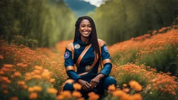 A gorgeous smiling ceylanese model with a dark skin in a cosmonaut outfit with luminous strikes in a hill of flowers with 1000 y/o trees, a small torrent, loads of mini flowers, moss, sun rays through the branches, particles in the air at spring