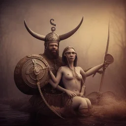 A viking and his wive having a bath, scary, steam punk, realistic, made in octane, cinematic, ultra-realistic, extremely detailed octane rendering, 8K, VRAY Super Real ar 2:3, dof photorealistic futuristic 50mm lens hard lighting dark gray tintype photograph, realistic lighting, sepia color