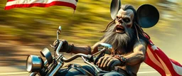 hi speed bad ass cyber punk masculine realistic zombie mickey mouse rambo humanoid with hairy arms and chest, on trike , motion blurred background, holding american flag