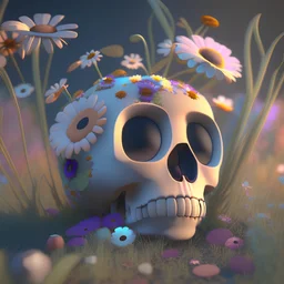 Kawaii 3d pixar rendering of cute skull with flowers, latest Unreal Engine technology, featuring depth-of-field, super-resolution, and megapixel visuals. The cinematic lighting is absolutely breathtaking, with anti-aliasing, FKAA, TXAA, and RTX graphics technology employed for stunning detail.