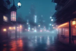 misty foggy area with a spirit inside in a bright japanese city at night