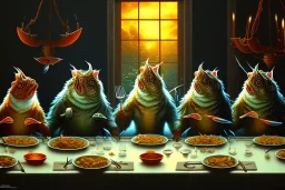 supper, fish sit at the table and eat pieces of people.