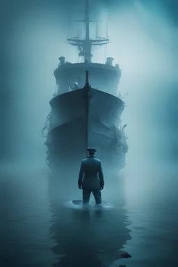 A ghostly ship captain standing in water up to his knees surrounded by a ghostly blue mist. A wrecked ship is seen in the background.