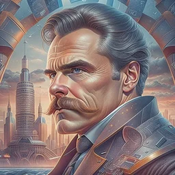 Best quality, masterpiece, ultra high definition,Futuristic, cyberpunk, Friedrich Nietzsche,Comic style