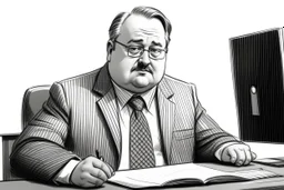 fat russian man sitting at desk, portrait, speech, nametag, glasses, goatee, short hair, mustache, suit; caricature style, sketch art; black and white; grayscale, pencil drawing