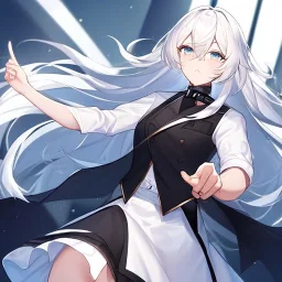 masterpiece, best quality, female, long white fluffy hair, hair between eyes, pointing, wearing a white shirt with a black collar, wearing a black vest, wearing a white skirts, {{{half body}}}